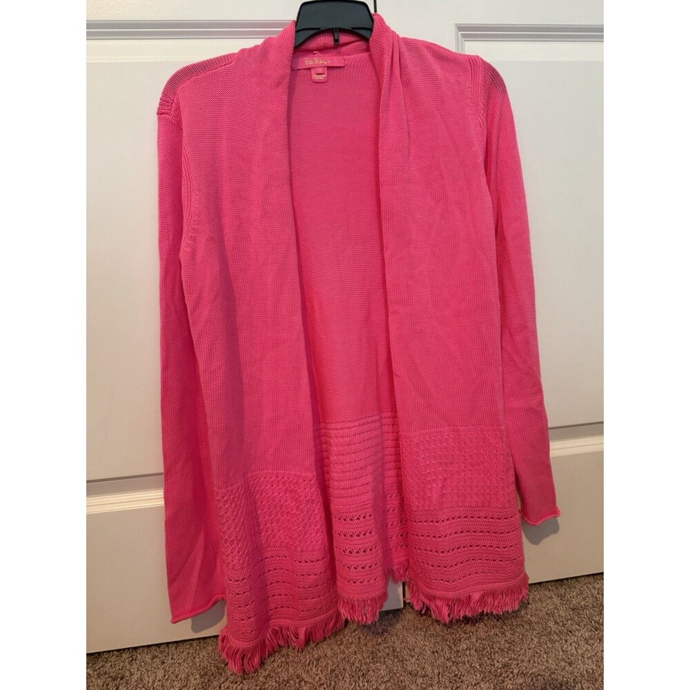 Lilly Pulitzer Pink Noble Fringe Cardigan Sweater Women's Small Cotton Preppy